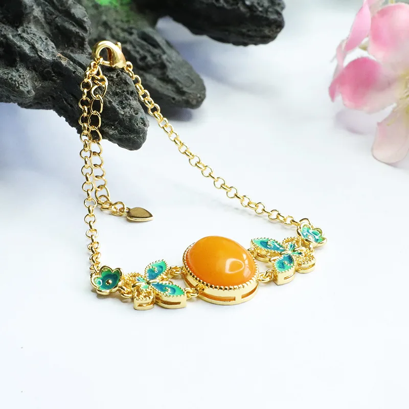 

Natural Amber Bracelet Old Beeswax Enamel Butterfly Love Flower Bracelet Jewelry