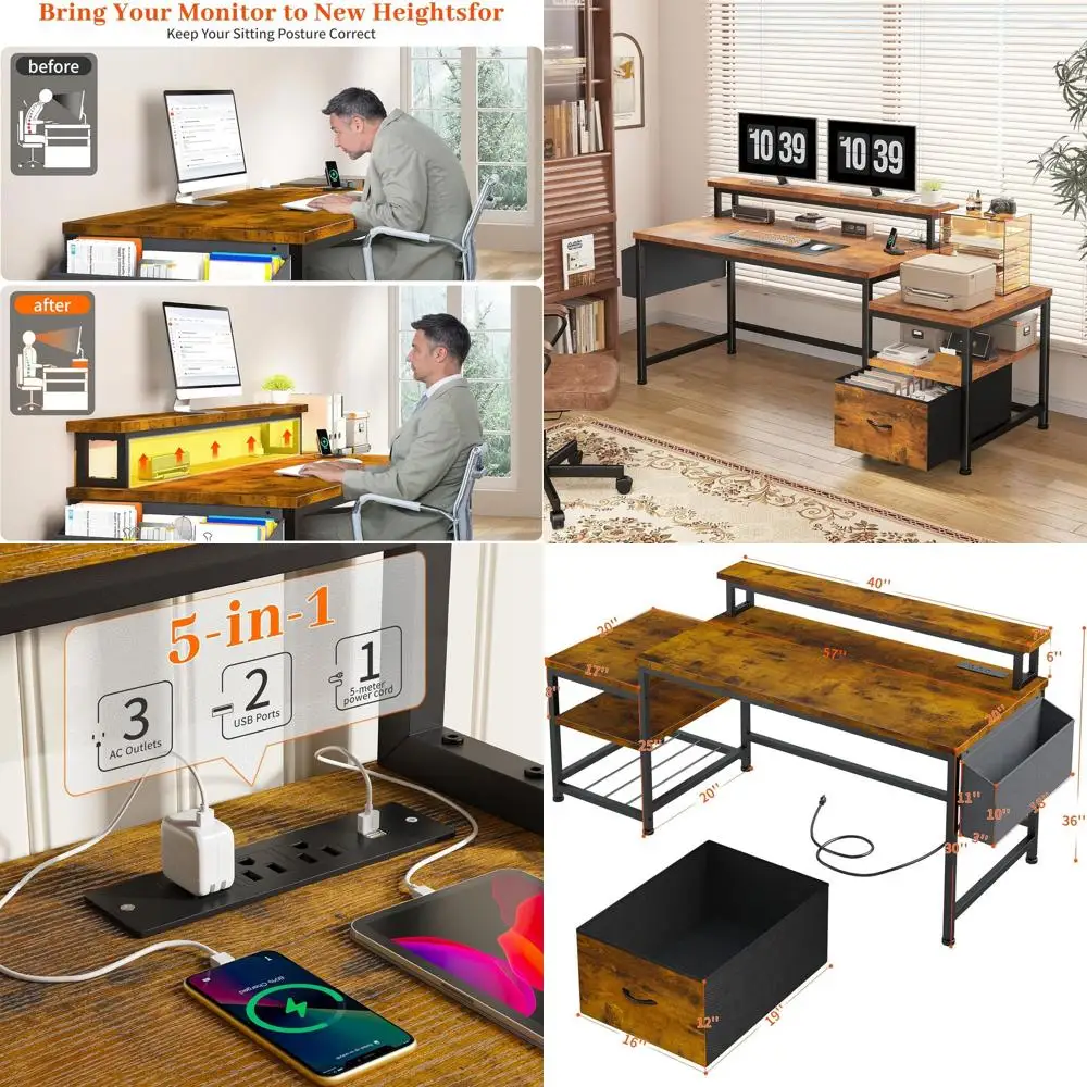 

Большой домашний офисный стол 57 дюймов с ящиками, местом для принтера, розетками, шкафчиком для документов и подставкой для монитора, цвет: рустик-коричневый