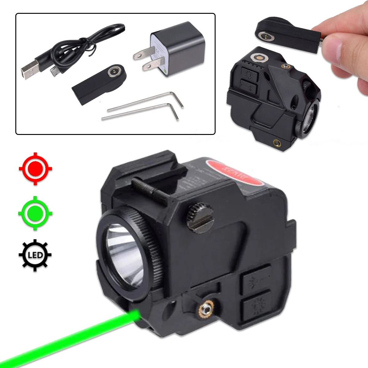 USB Charge Red Green Dot Laser Sight Pointer Rechargeable LED Light For Airsoft Pistol Glock 17 19 20mm Rail Weapon Flashlight