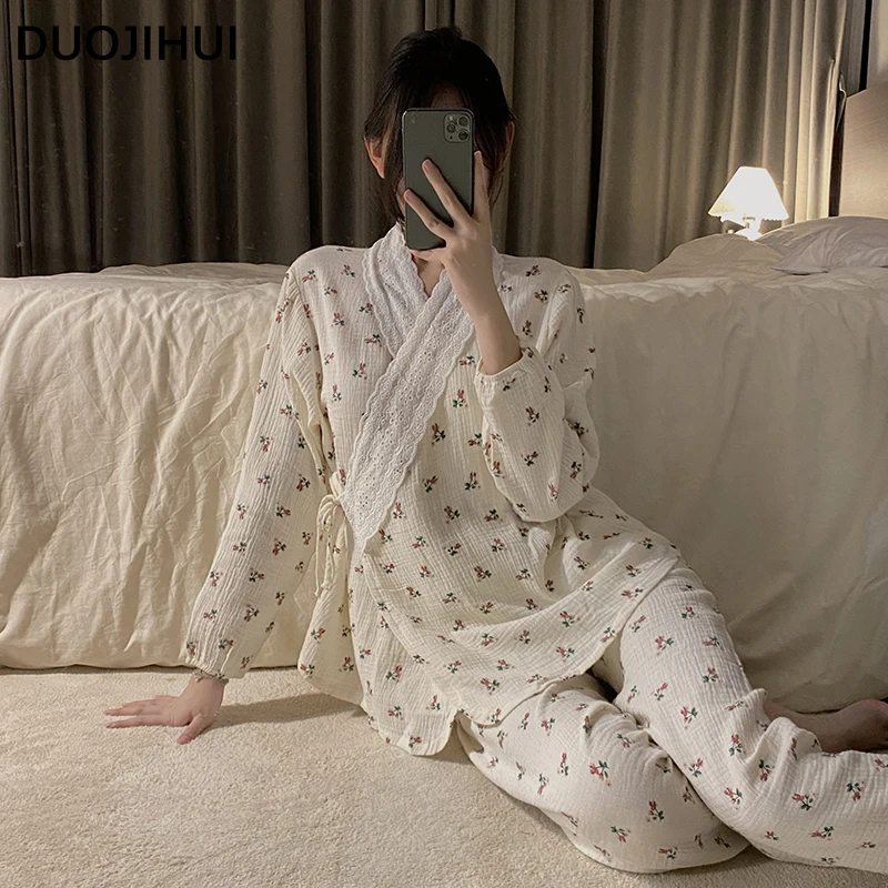 DUOJIHUI Japan Sweet Autumn New Female Pajamas Set Chic Pace-up Fashion Printing Loose Simple Soft Casual Home Pajamas for Women