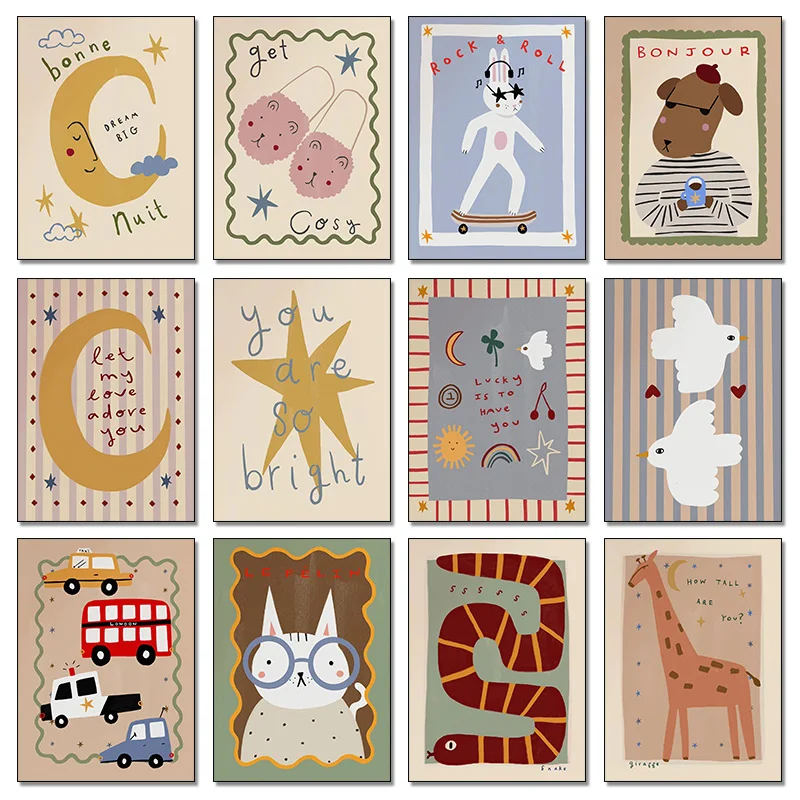 Bohemian Sun Moon Animal Cartoon Illustration Poster Prints Canvas Painting Wall Art Picture Living Kindergarten Room Home Decor