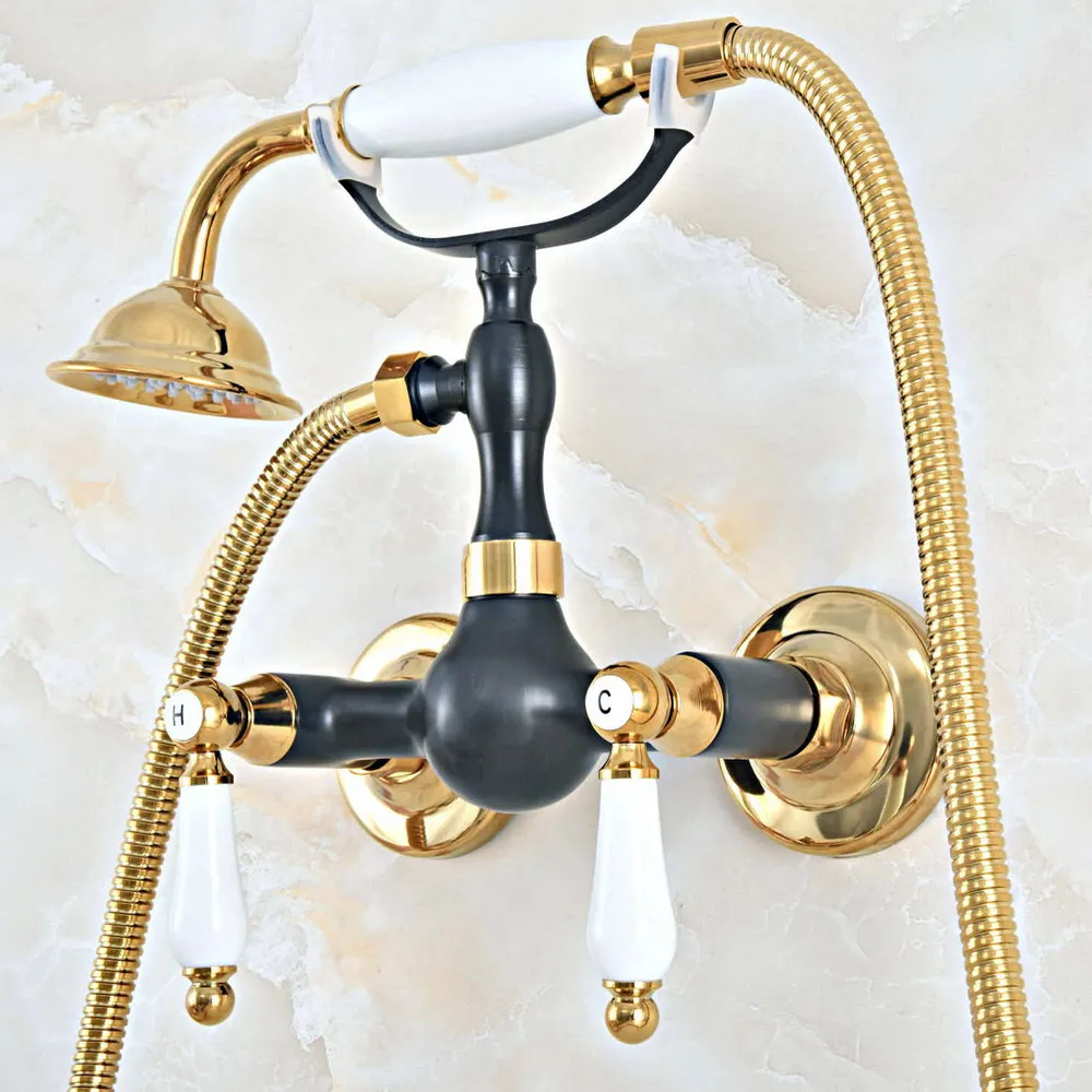 

Polished Gold & Oil Rubbed Brass Wall Mounted Bathroom Shower Faucet Set with 1.5M Hose Handheld Spray Head Mixer Tap Dna433