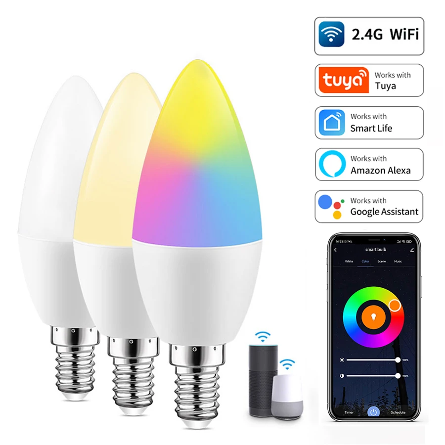 E14 Tuya WiFi Smart LED Bulb 220V 5W 7W 9W Dimmable Candle Bulb Smart Life APP Voice Control Works With Alexa Google Home