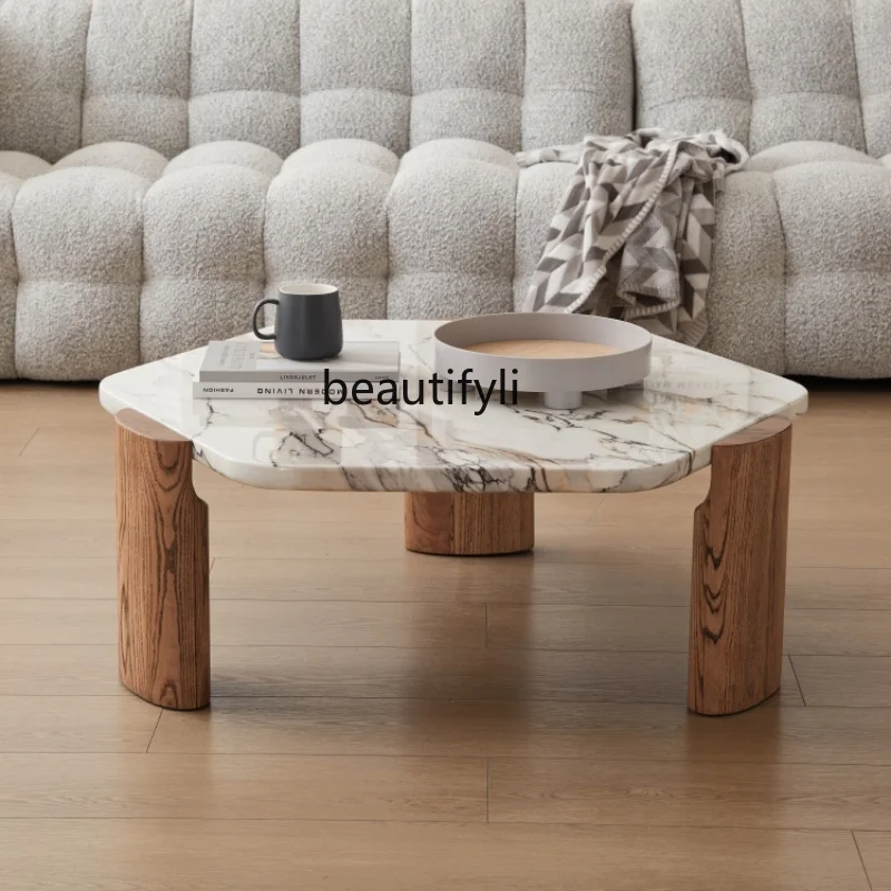 

zq Terrazzo Coffee Table Solid Wood Black Walnut Small Apartment Marble round Tea Table