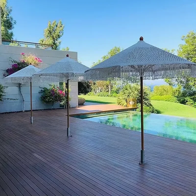 Handmade Crochet Macrame Cotton Rope Parasol Umbrella with Fringe Tassels for Outdoor Patio Courtyard or Hotel Use
