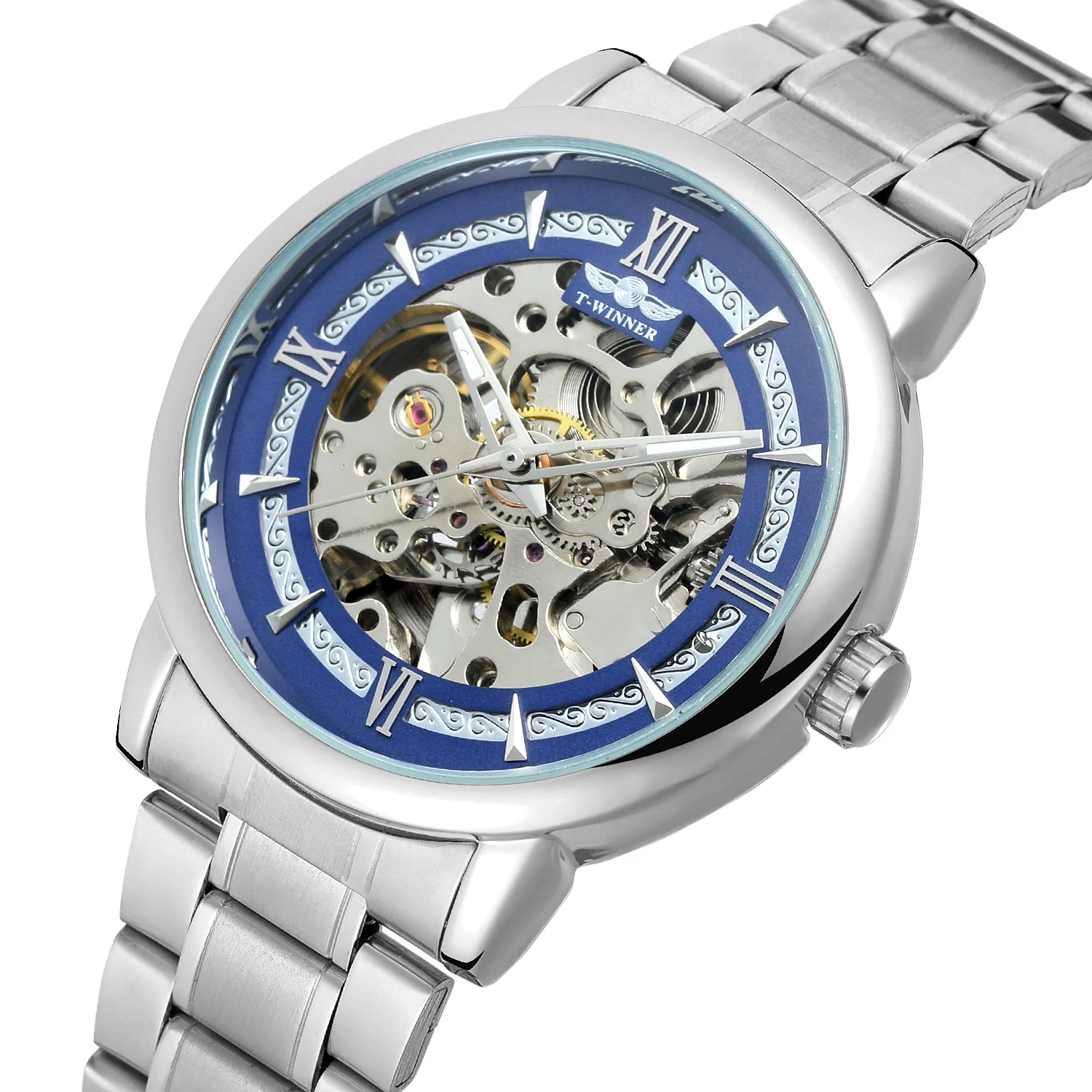 Automatic Mechanical Watch for Men Business Man Skeleton Stainless Steel Blue Reloj Male Vintage Clock Hombre Relogio Masculino