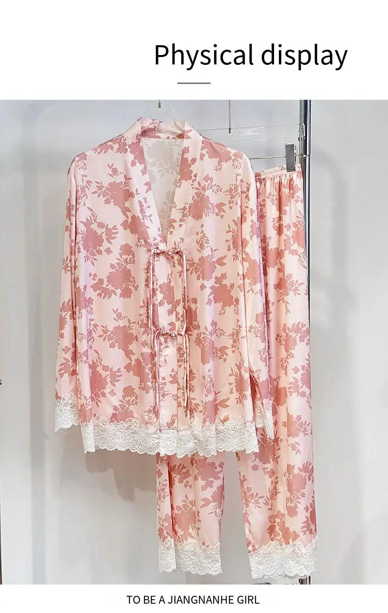 New Chinese style palace style lace ice silk pajamas female national charm style long-sleeved household clothes trousers suit 2