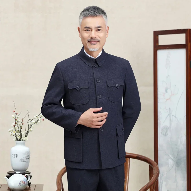 Traditional Chinese Tang Suit for Men Jacket Coat New Year Spring Festival Tunic Zhongshan Mao Suit Blazer Knitting Pockets Top