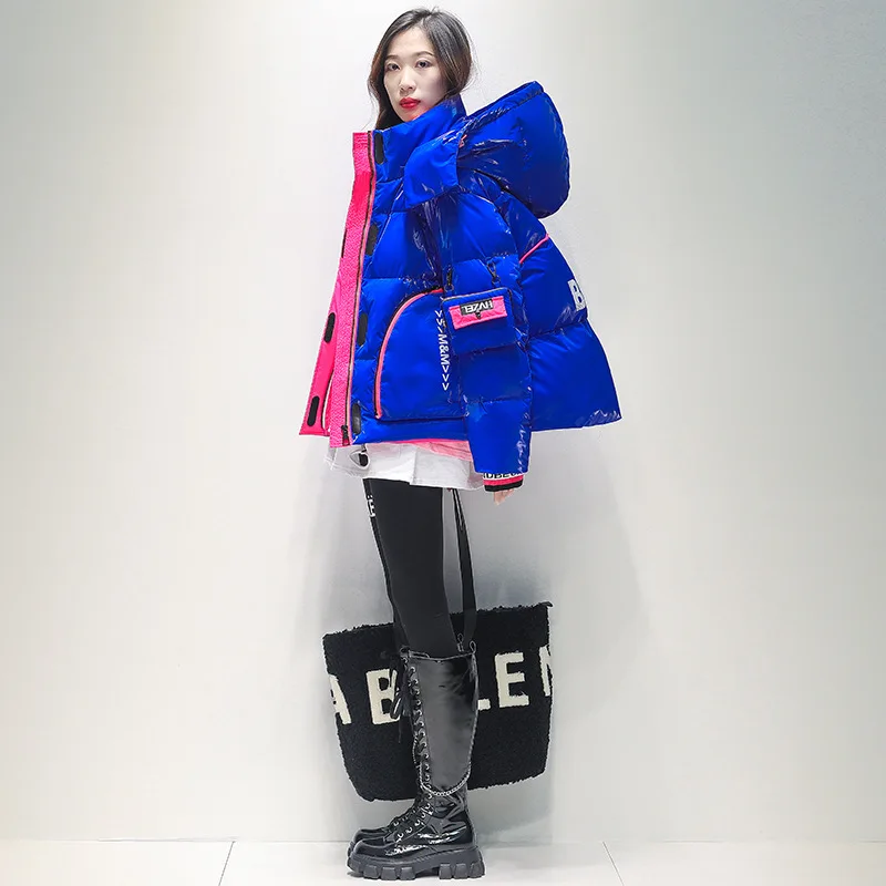 Blue letter loose spliced down jacket women\'s short winter new fashion hooded coat