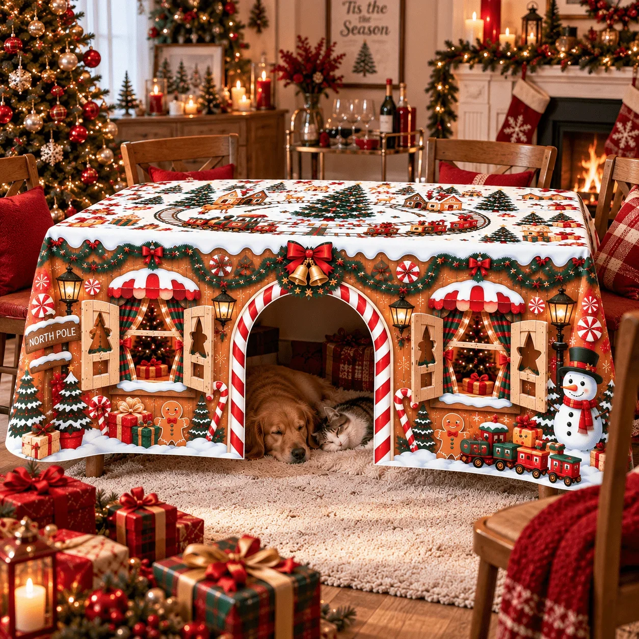 1 Christmas party house rectangular table towel, polyester table towel designed by North End Bowling Alley, with train,door