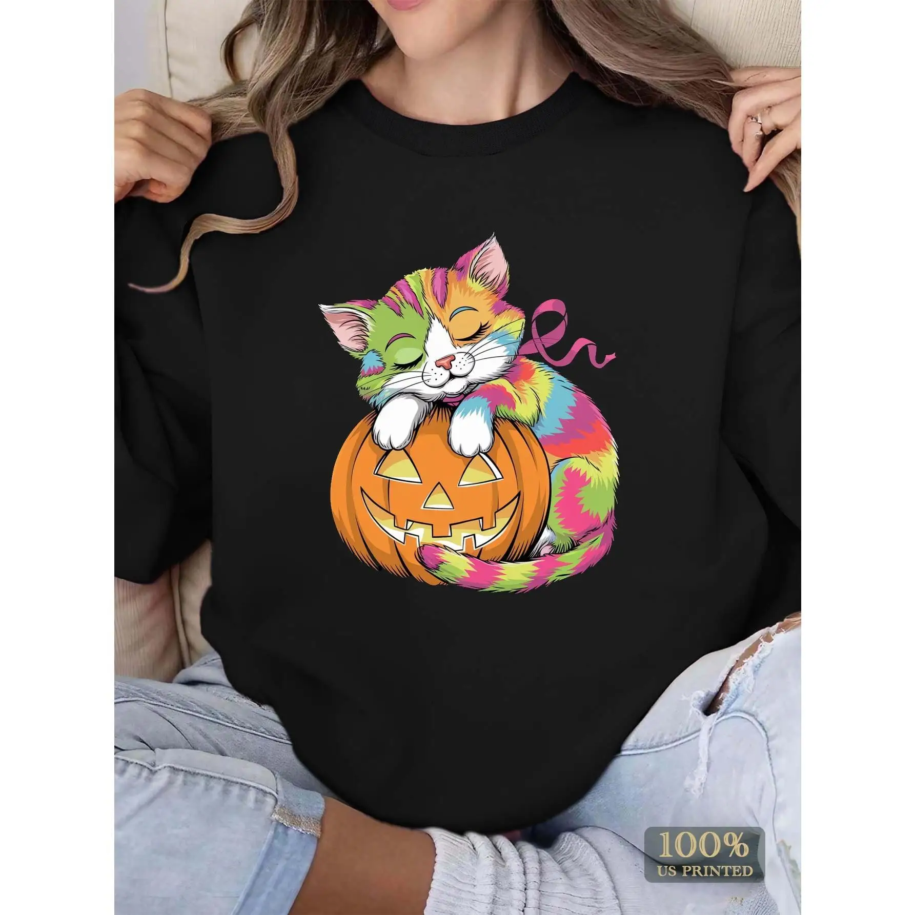 

Cute Cat Sleeping On Pumpkin Sweatshirt, Tie Dye Kitten Halloween Hoodie, Pet Lover Fall Jumper, Funny Animal Graphic Top