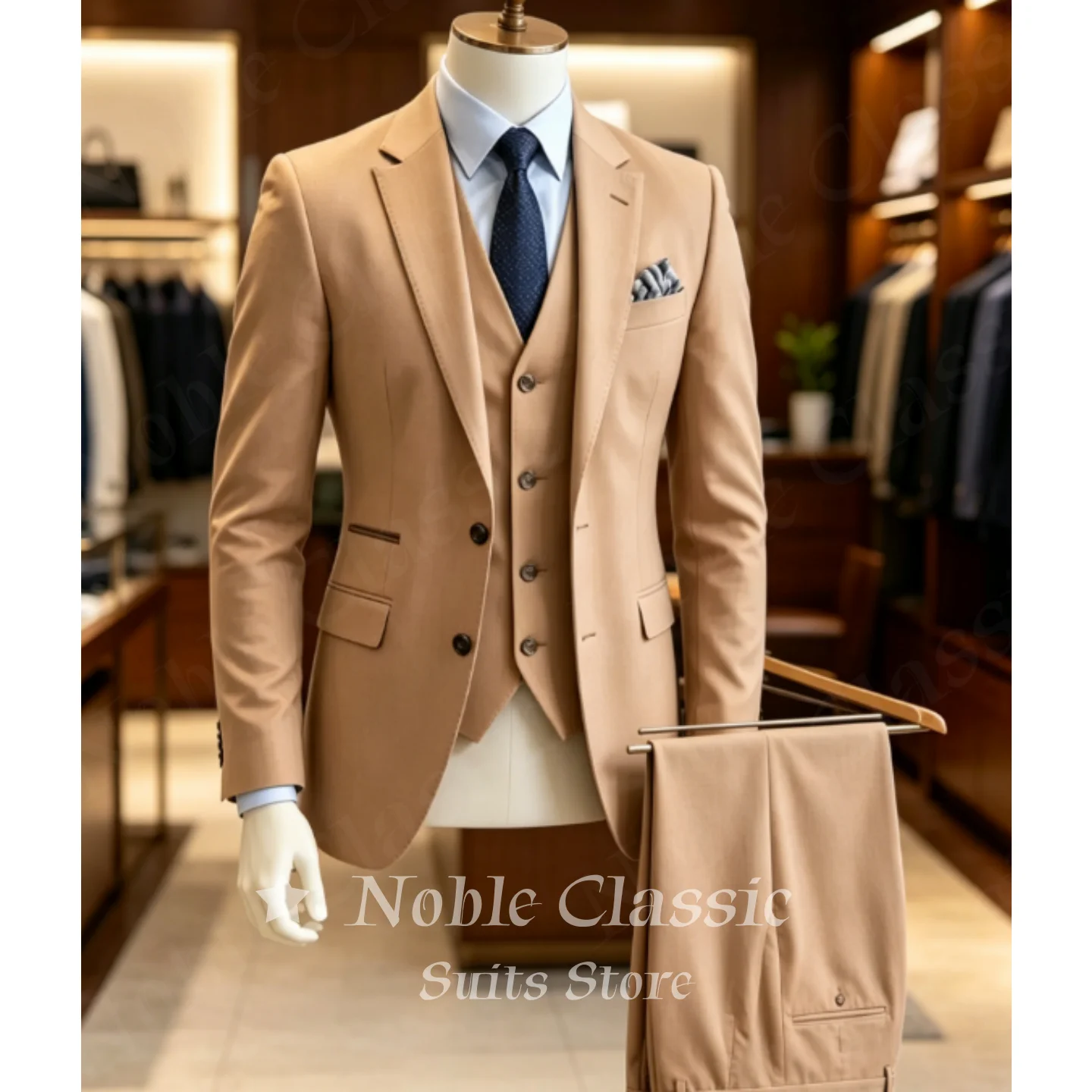 Men Khaki 3 Piece Suit Slim Fit Notch Lapel Blazer Vest Pants Set with Contrast Trim Business Wedding Guest Gala Customized