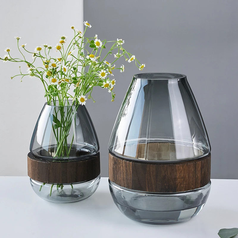 

Creative solid wood base glass vase flower arrangement wooden pier vase living room cafe modern minimalist bedroom decoration