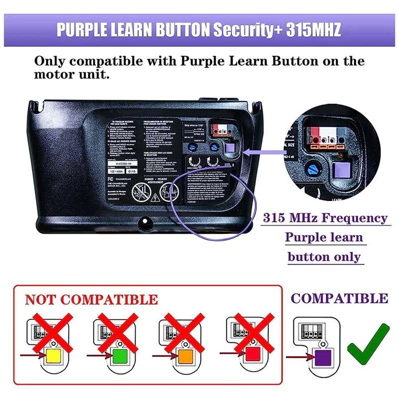 Compatible With Liftmaster 371LM 373LM Purple Learn Button Garage Door Opener Remote 315Mhz Security+ Craftsman
