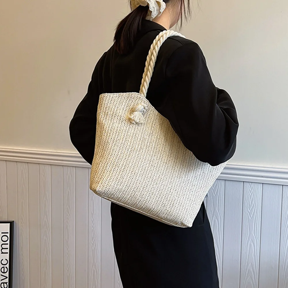 

Elegant Women Straw Tote Bag Solid Color Large Capacity Casual Beach Handbag Convenient Bohemian Underarm Shoulder Bag Outdoor