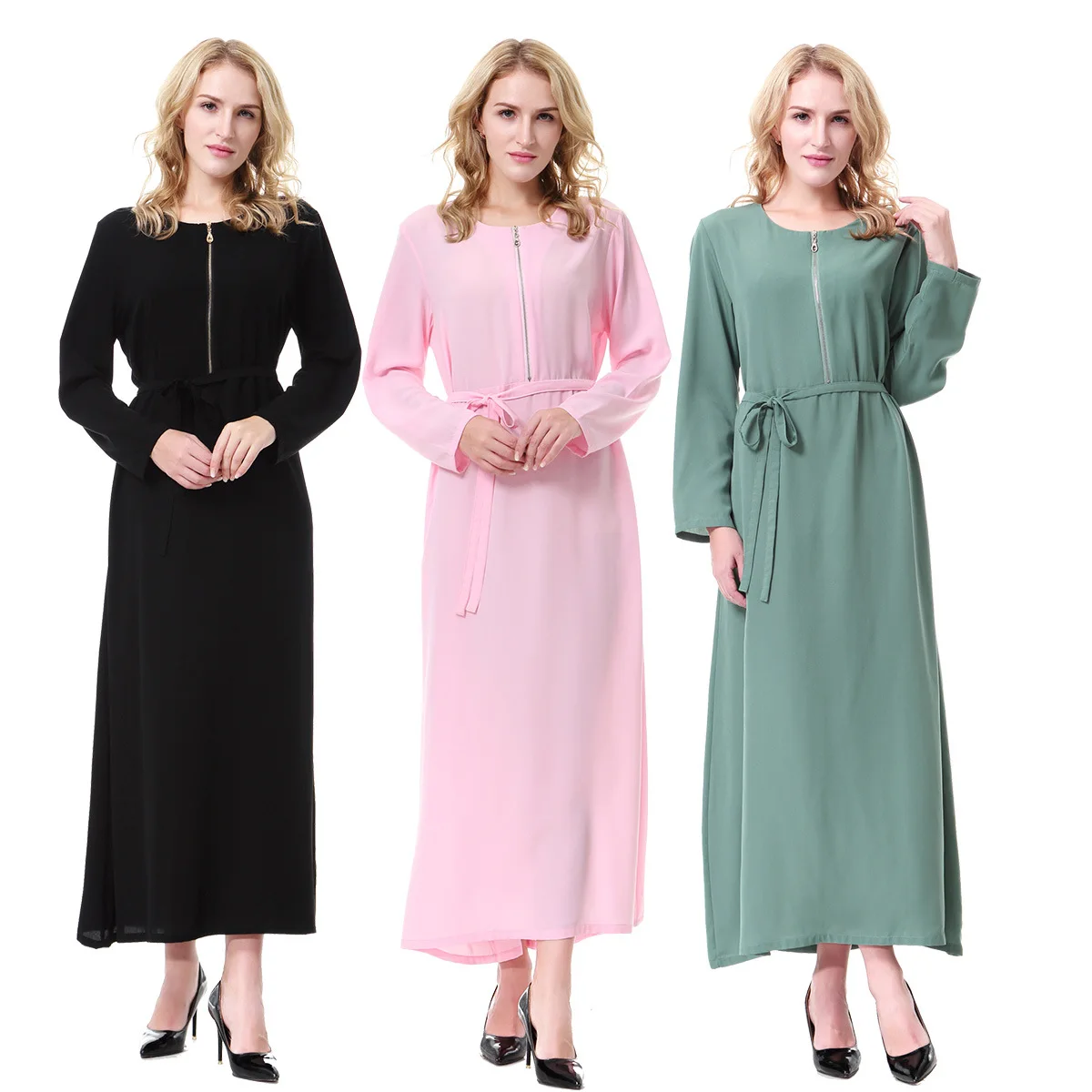 Women's Solid Color Casual Trendy Long Sleeve O-neck Zipper Sashes Ankle Length Dresses Female Clothes Arab Muslim New Fashion