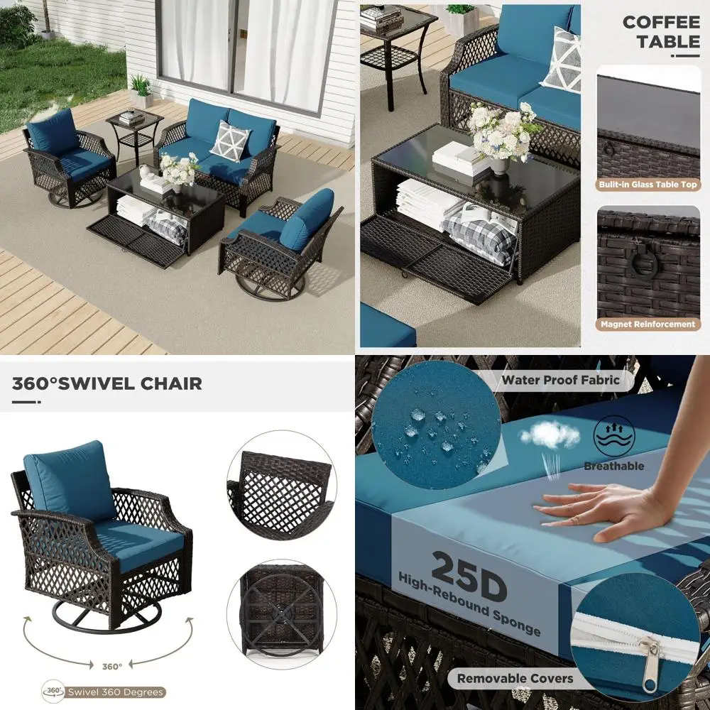 

5-Piece Outdoor Wicker Sofa Set with Swivel Chairs, Loveseat, Storage Coffee Table