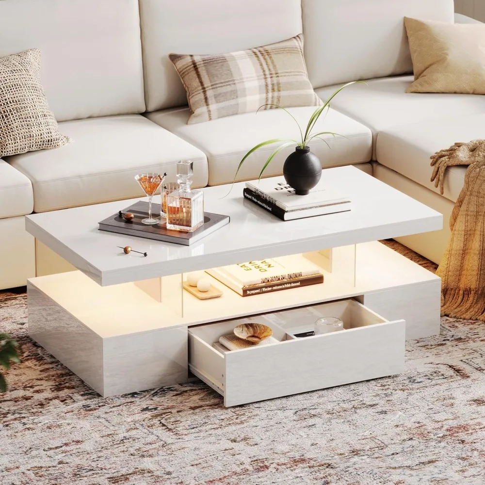 

Modern LED Coffee Table, High Glossy Coffee Table with Drawer, Coffee Table with Storage for Living Room, Bedroom, Whit