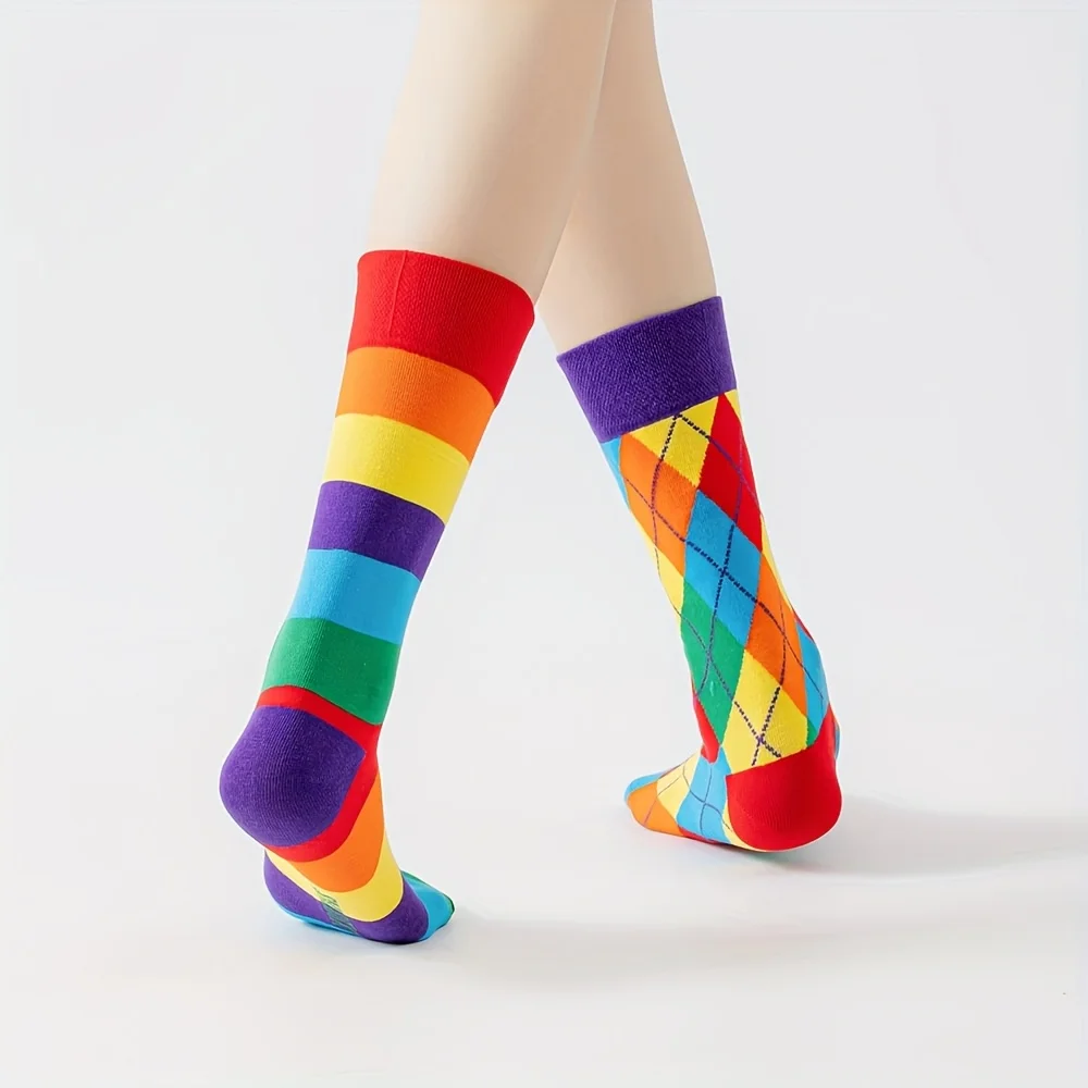 1 pair of women's  Gradient Striped & Argyle cotton Socks, Playful & Cute Trendy Socks