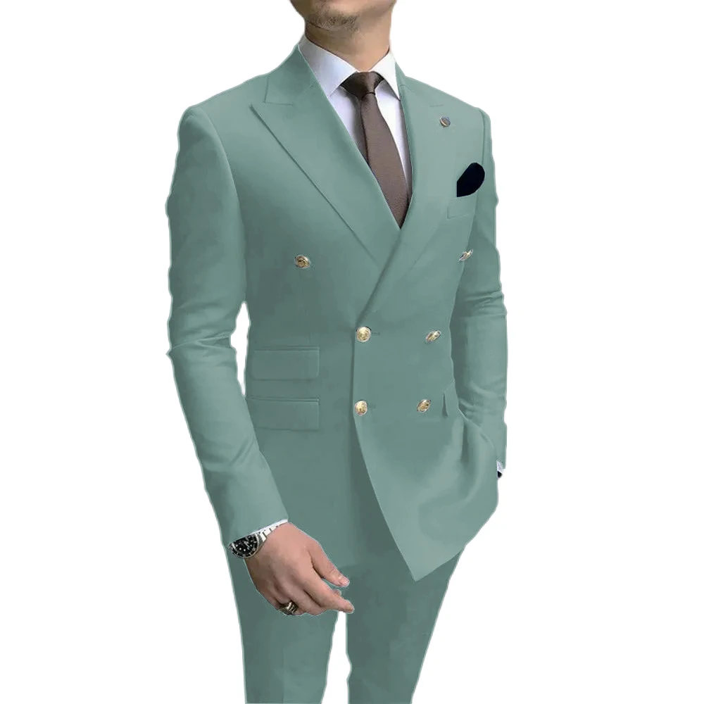 

Light Green Double Breasted Gold Buttons Peaked Lapel Men Suit Set Wedding Groom Custom Made Jacket Pants Slim Fit 2Pcs