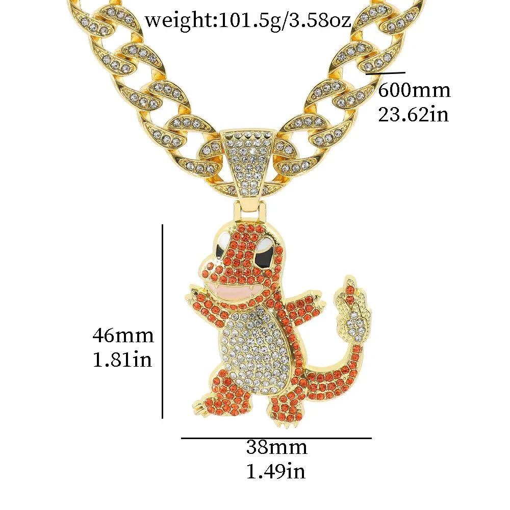 أنيمي Bulbasaur Charmander الماس قلادة قلادة كوبا قلادة موضة الهيب هوب مجوهرات هدية عيد الأطفال