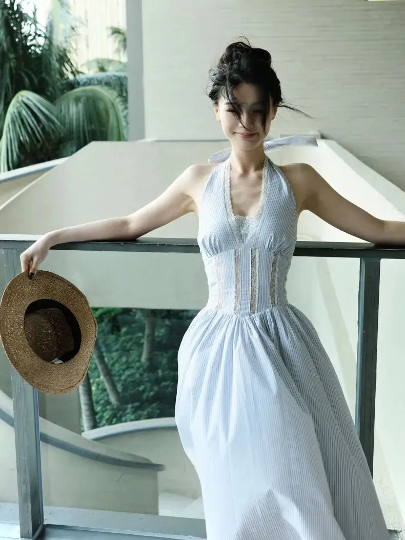 Robe longue à col licou pour femmes, robe moulante découpée en dentelle, robe d'été rayée coupe cintrée, robe de soirée dos nu sexy Y2K, E