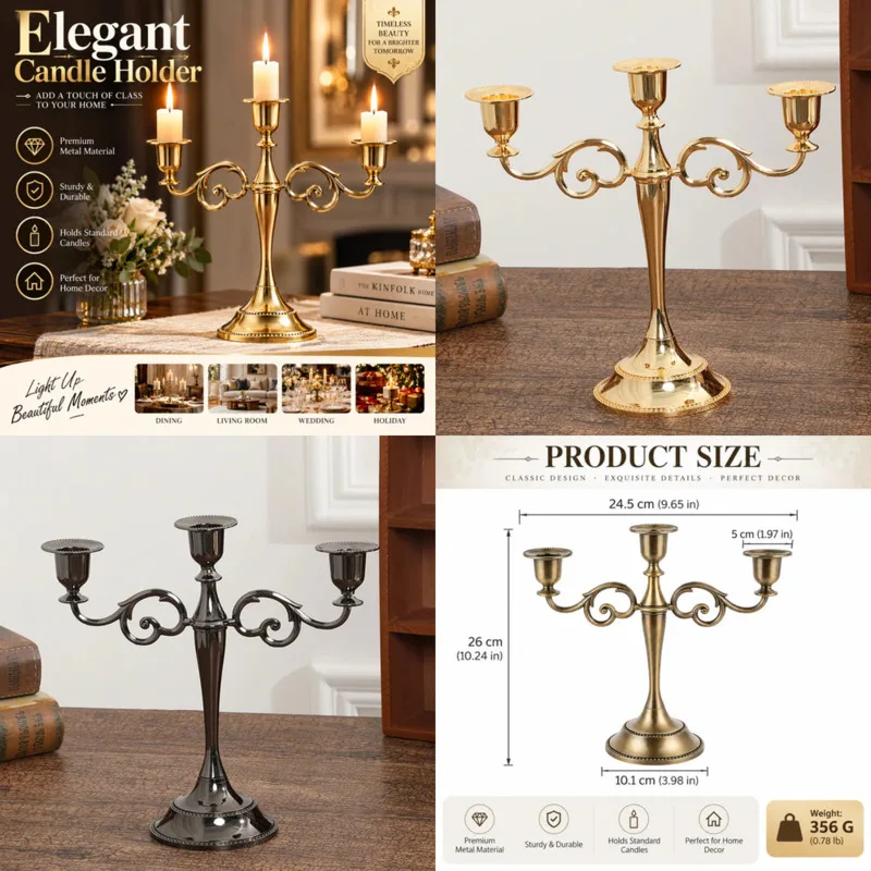 European Classic Vintage Metal Candle Holder, 3 Arm Candelabra Stand Centerpiece For Wedding Home Table Holiday Birthday Gift