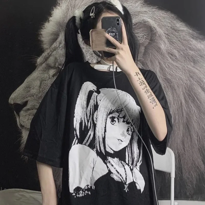 

Woman Anime Girl Graphic T-shirts Oversize Pulovers Fairy Grunge Short Sleeve Harajuku Casual Loose T-shirt Top Harajuku Y2k