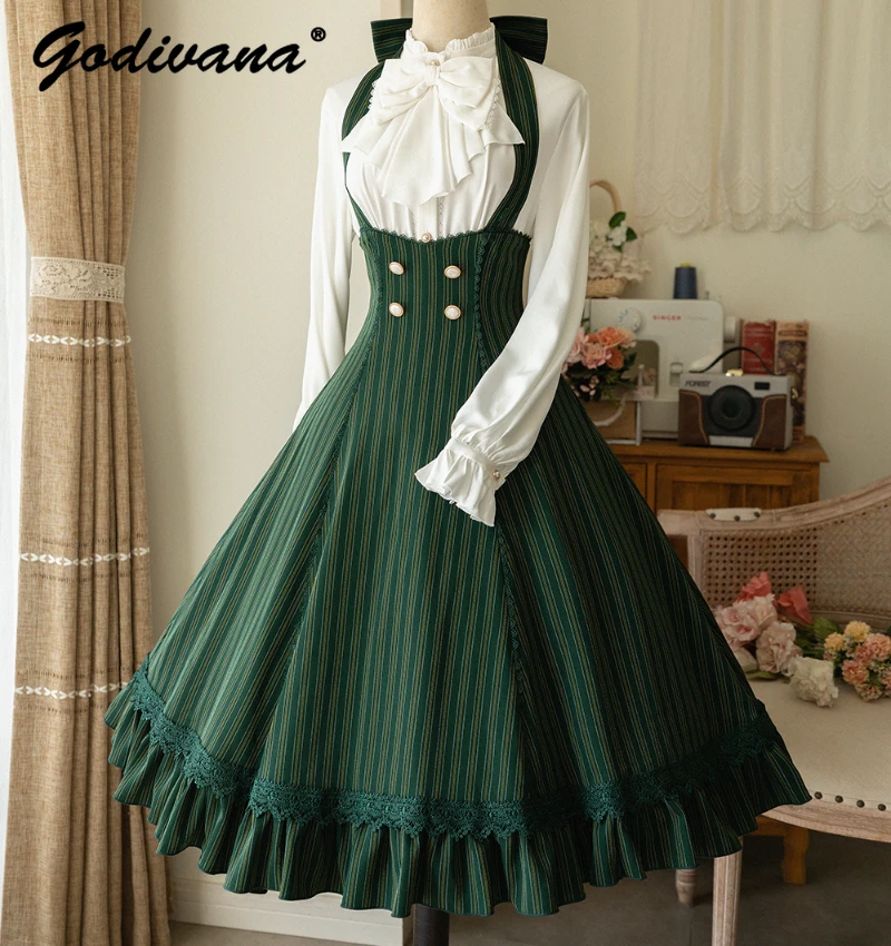 

Original Design 2024 Spring and Autumn Jsk Shirt Lolita Long Sleeve Blouses Classical French Cla Halter Stripe Suspender Dresses