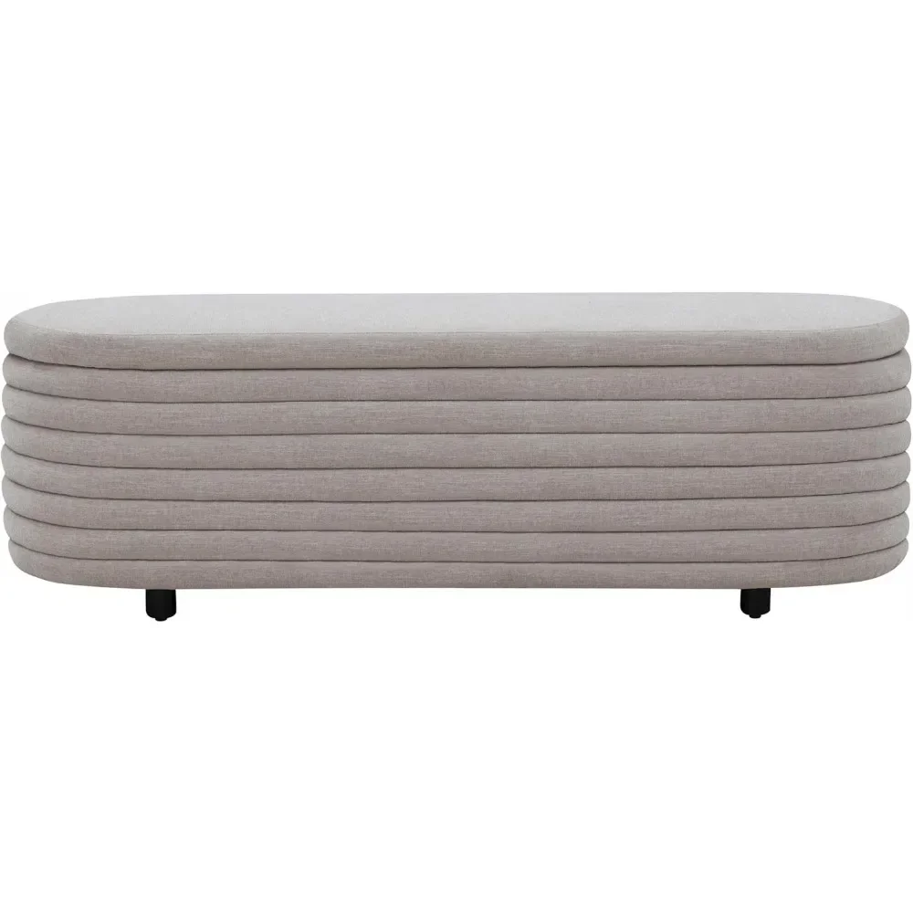 Light Grey Linen/Black Channel Tufted Oval Storage Bench