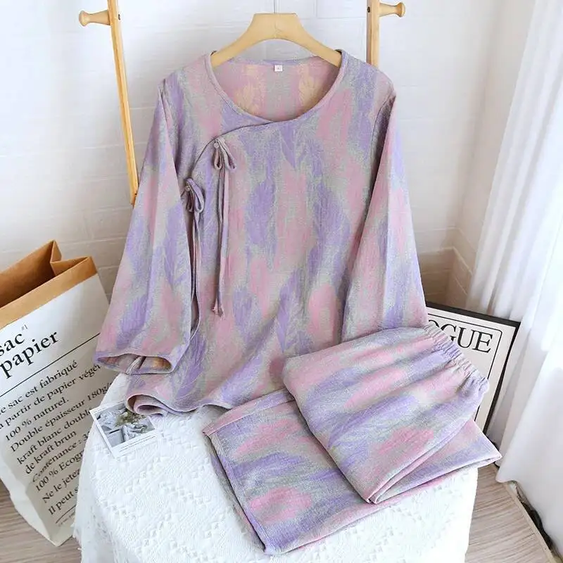 

Цветной ткавер для девочек, тонкий хлопковый жаккардовый ретро-стиль, весенне-летняя домашняя одежда, свободная женская одежда для сна, пижамный комплект