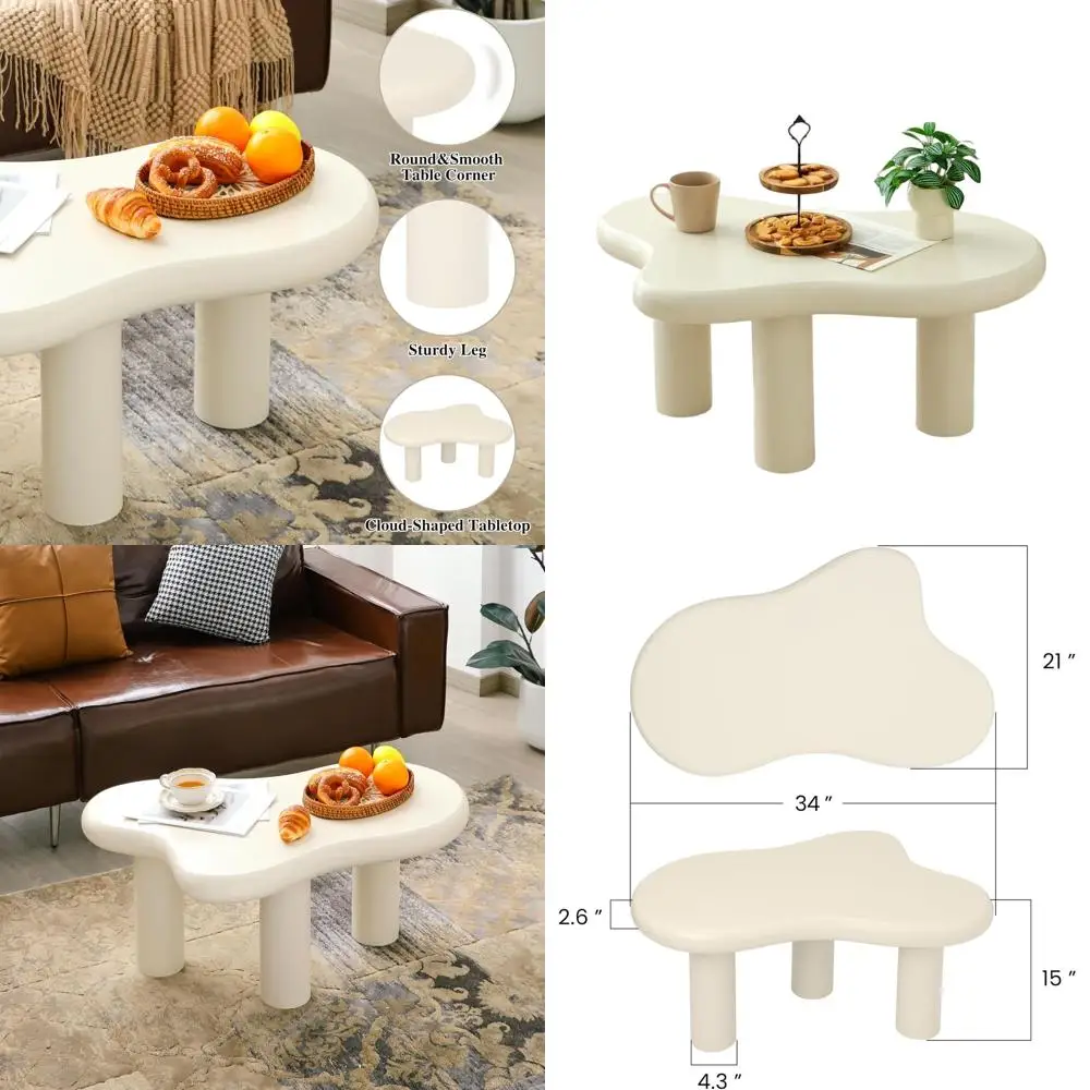 

Modern 3-Legged Wood Coffee Table, Cream White Accent Table for Living Room, Balcony, or Bedroom