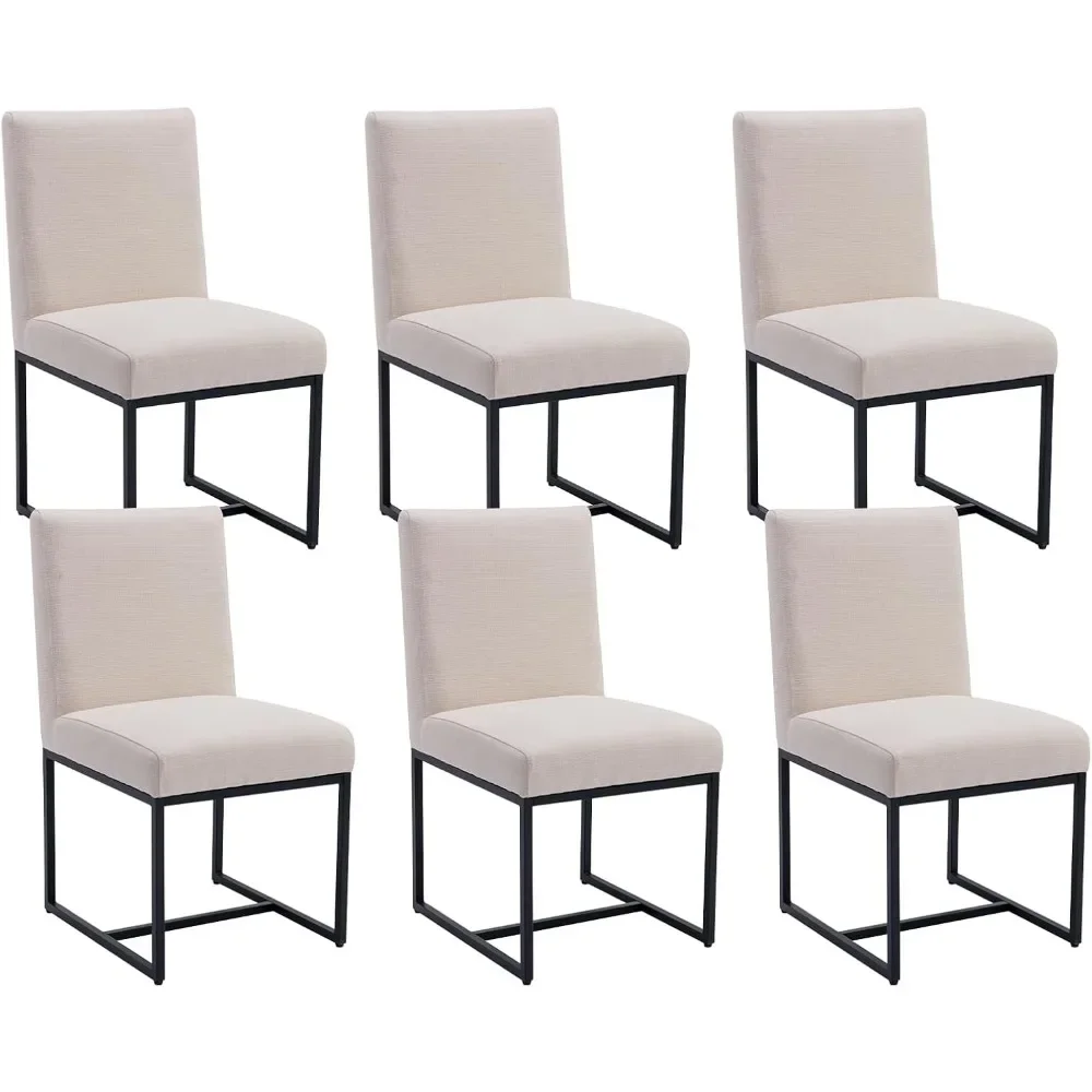 Dining Chair Set of 6 with Black Metal Base, Linen Mid Century Armless Side Chairs, Upholstered Modern Comfy Dining Chair