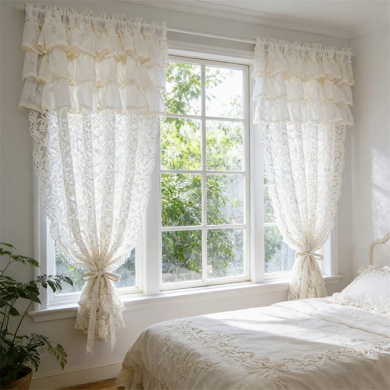 1PC French Romantic Beige Lace Embroidery Flower Splicing Double-Layer Pleated Curtain Villa Farmhouse Sheer Tulle Short Curtain