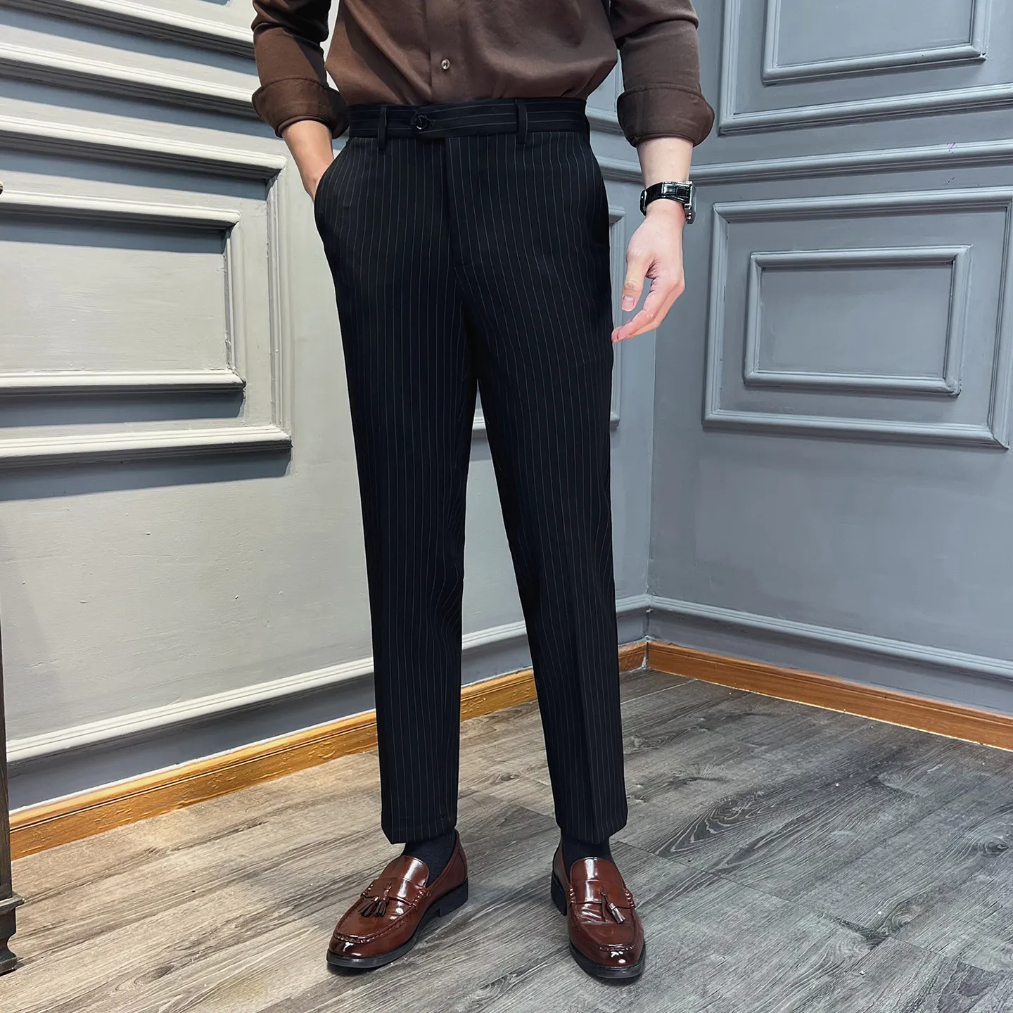 Men's Premium Slim Fit Trousers New Spring Autumn Fashion Trendy Business Casual Striped Formal Pants Commuter Office Work Wear