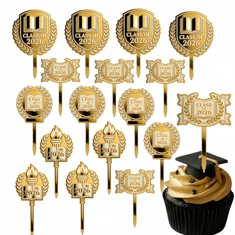 2026 Graduation Party Cake Topper Gold Acrylic for High School Party Gift Graduation Celebration Cupcake Topper Picks Decoration