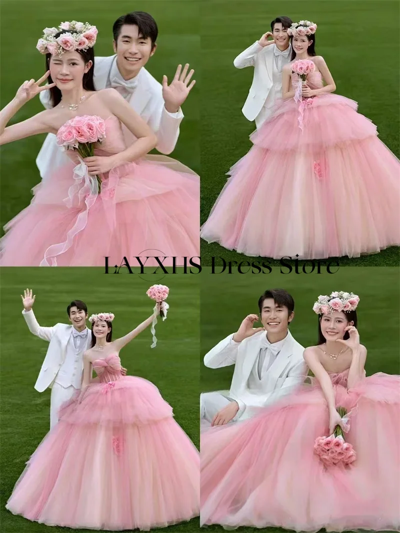 Abiti da sposa dolce rosa principessa abito da ballo una linea senza spalline a strati tulle fiore servizio fotografico abito da sposa coreano 2026 nuovo arrivo