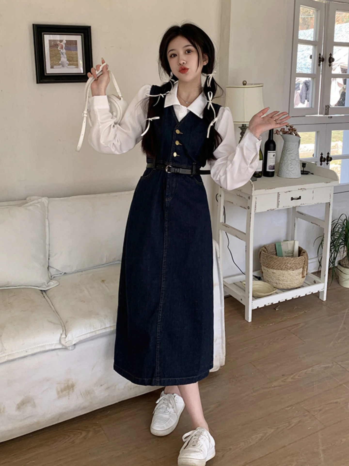 

Early Spring Women's plus Size Denim Vest Dress Shirt Two-Piece Set Belly Cover Fashionable Age-Defying Casual Commute Style