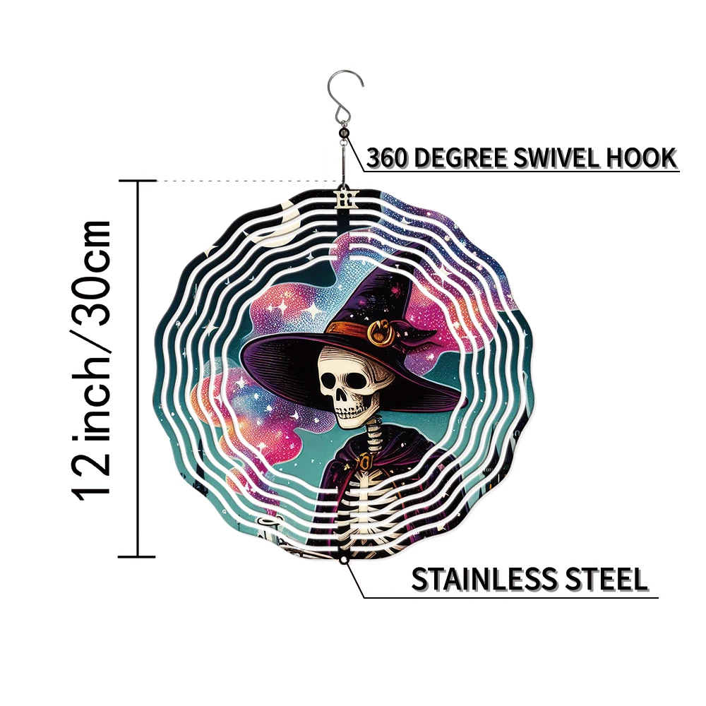 1PC Stereoscopic Color Witch Skeleton Metal Flowing Wind Chimes Bird Deterrent With Swivel Hook Fantastic For Home Garden