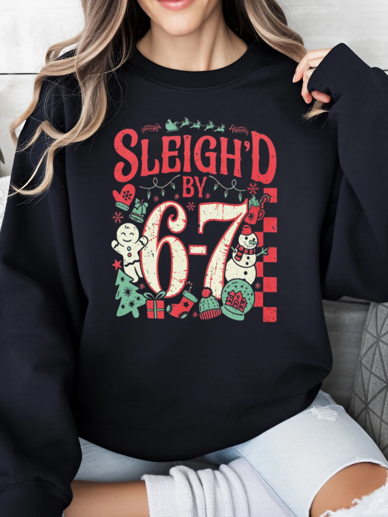 

Свитшот с рождественским принтом Sleighd от 6-7 лет, женская повседневная одежда для праздничной вечеринки, черный, больших размеров