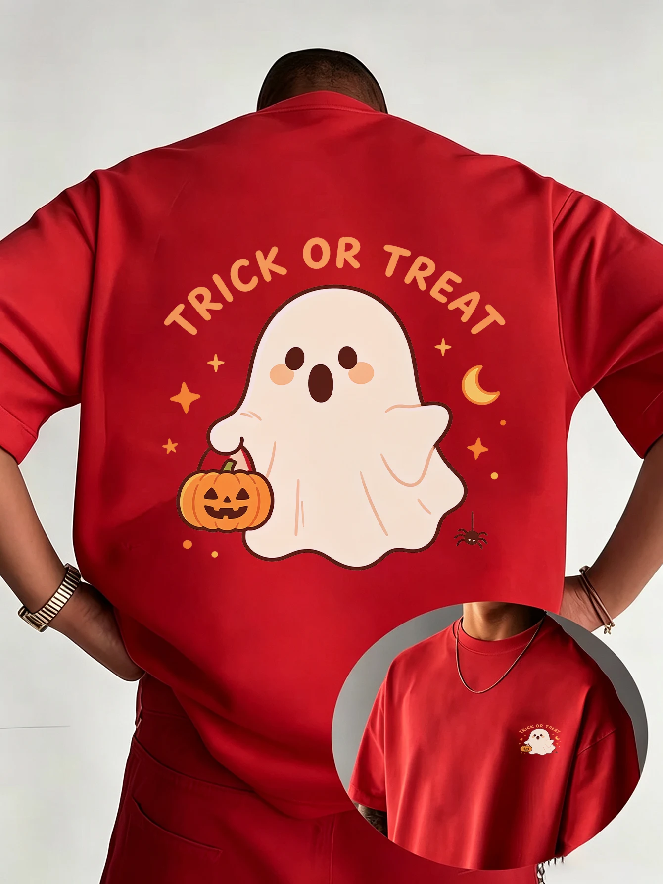 Trick Or Treat Ghost Graphic T‑Shirt Cute Halloween Spooky Ghost Pumpkin Bucket Print Casual Short Sleeve Tee