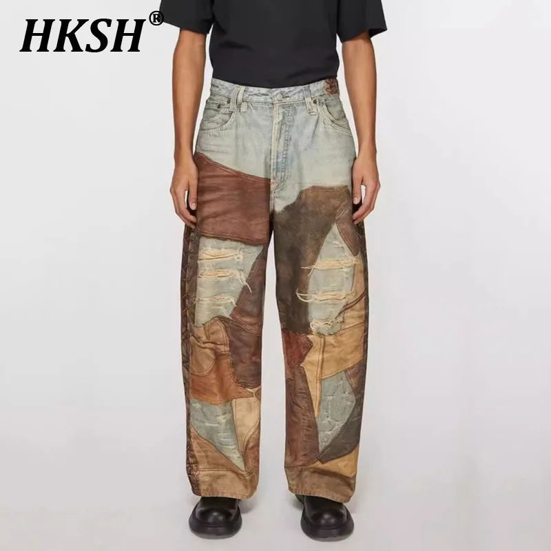 

HKSH American Vintage Fashion Streetwear Men's Tide Punk Jeans Denim Pants High Street Wide Leg Silhouette Print Trousers HK2365