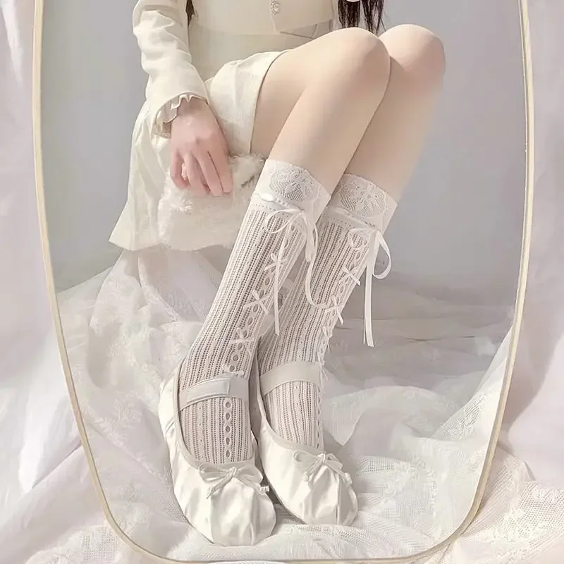 

Ballet Elegant Style Sock Ribbon Bows Tie Stocking Hollows Lace Striped Bows Tie Fishnet Long Knee Length Sock for Womens Girl