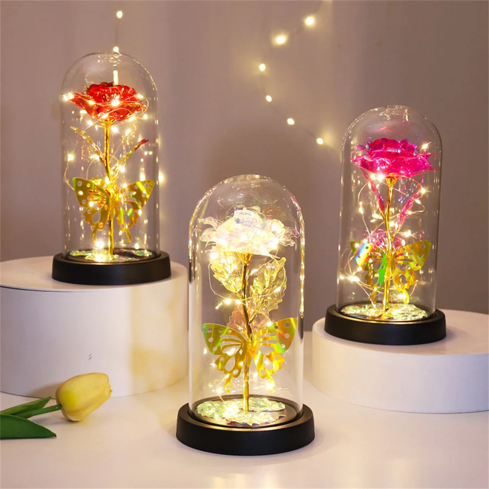 Rose Light Artificial Galaxy Rose Lamp With Butterfly And Colorful Led Rose Flowers In Glass Battery Powered Gifts For Wedding