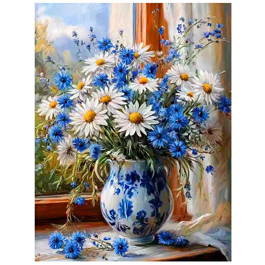 

5D Diamond Mosaic white blue Daisy Flower Suitable For Beginners Diamond Painting Vase DIY Acrylic Craft Supplies Handmade Gift