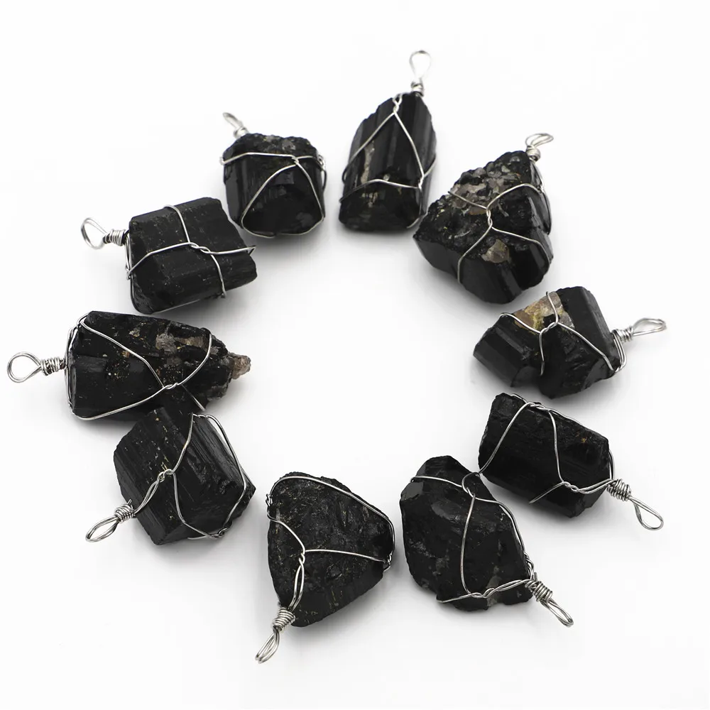 

Natural Black Tourmaline Energy Stone Reiki Pendants Necklace Nunatak Raw Chakra Healing Wire Wrapped Jewelry 10PCS Wholesale