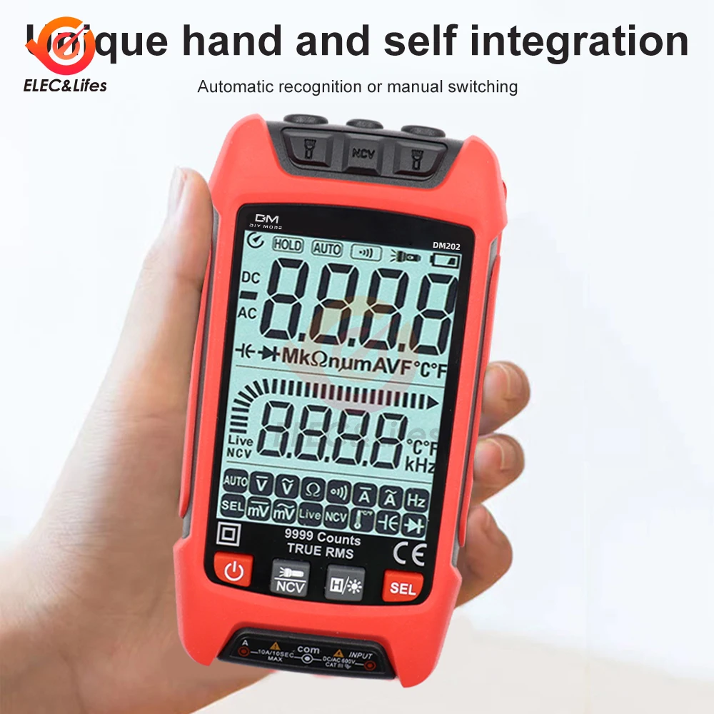 DM201 DM202 Auto range Digital Multimeter 9999 Counts TRMS AC DC Voltmeter amp NCV Resistance Capacitance Temp Transistor Tester