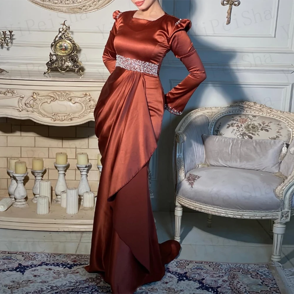 

Customized Mermaid Prom Dresses Floor-Length Square Collar Full Sleeve Evening Gown Fashion Pleat Draped Crystal Party Gown