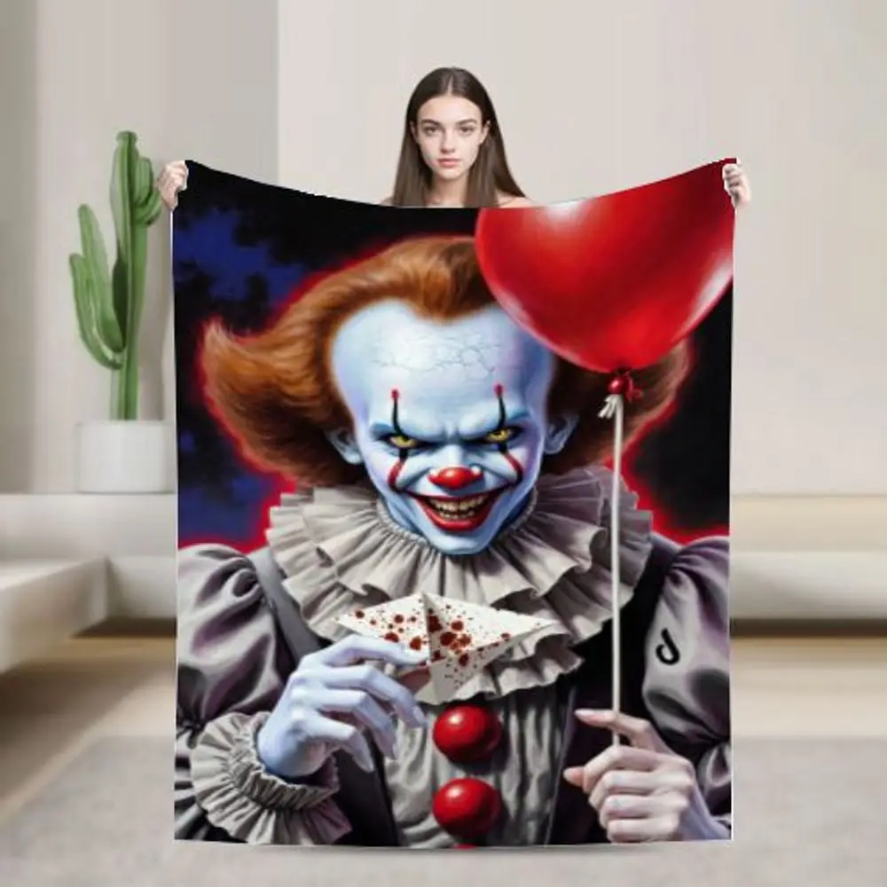 طباعة فنية رعب المهرج من Pennywise - ملصق مؤطر داكن وشديد يتميز بجلد أزرق شاحب مخيف، وتخويض ابتسامة، وكشكشة