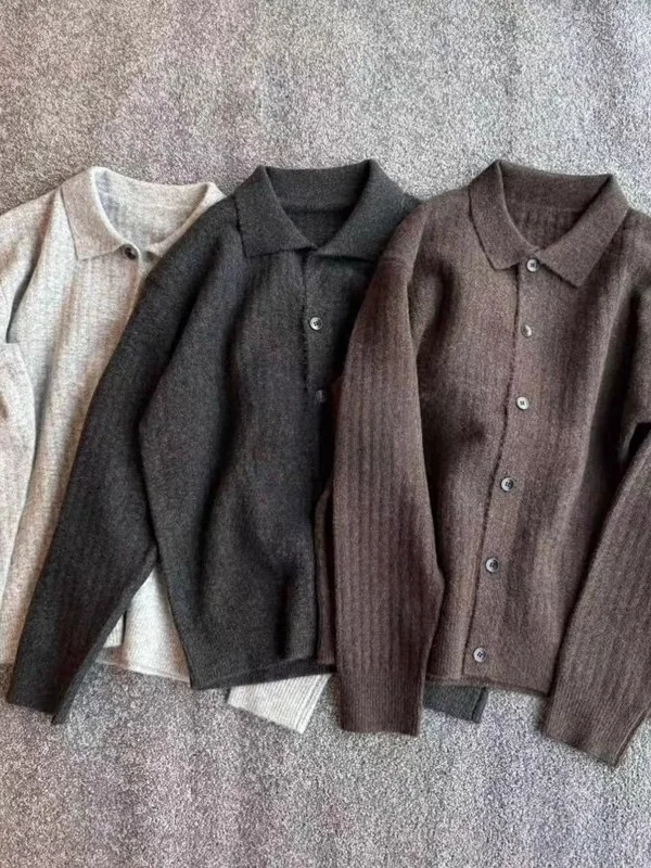 

Мужской теплый вязаный кардиган в стиле ретро из смесовой хлопково-шерстяной пряжи, однотонный, с отложным воротником, комфортный крой